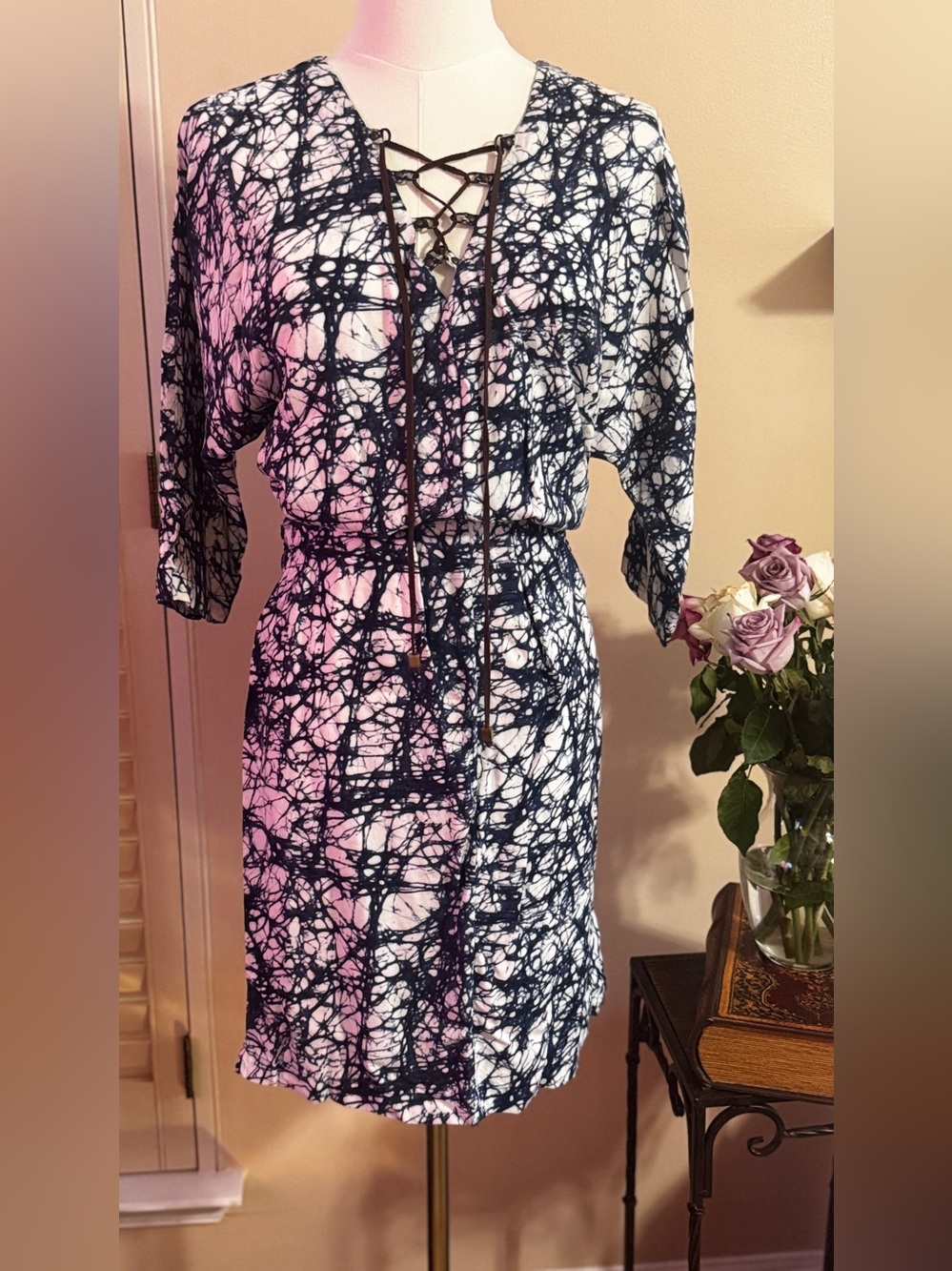 Michael Kors Navy and White Tie-Front Midi Dress